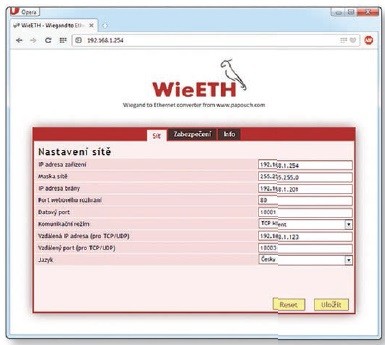 Obr. 2 Webové stránky převodníku WieETH